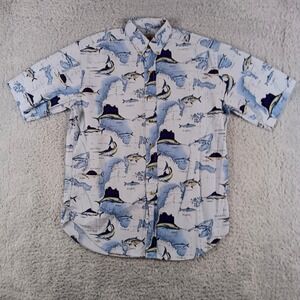 Bimini Bay Outfitters Mens Medium Cotton Short Sleeve Fish Map Nautical Shirt